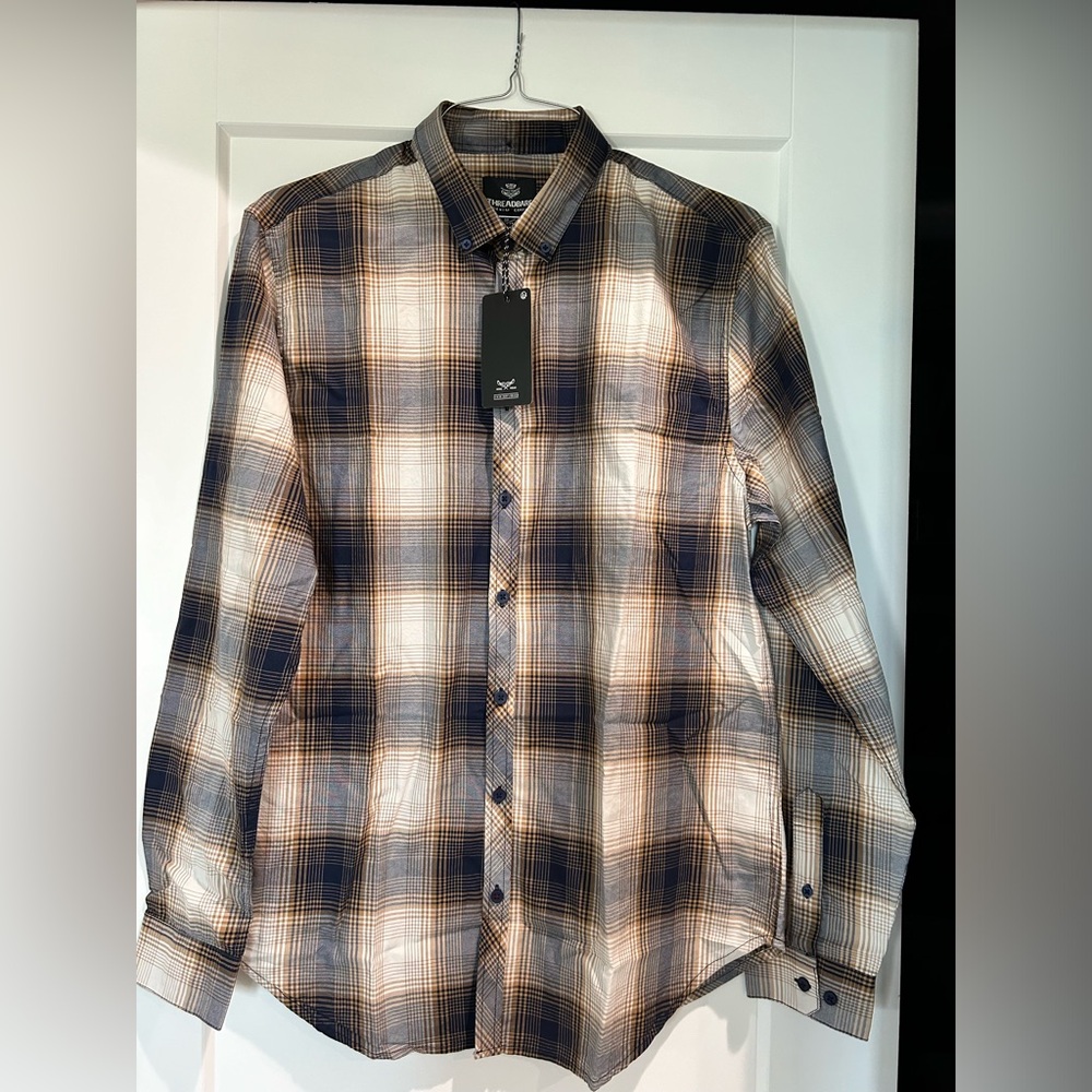Threadbare Denim Corps, Long Sleeve Navy Tan Plaid, Mens Size Large-Tall